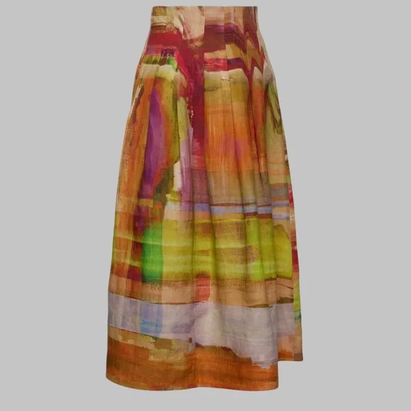 NWT Ulla Johnson | Aleksandra Pleated, Printed Linen Long Skirt Size 8 - Picture 5 of 13